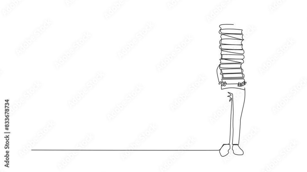 Self drawing animation of single line drawing woman carrying tall stack of books covering herself. Newly purchased book from bookstore. Read books one by one at home. Love read. Full length animated Self drawing animation of single line drawing woman carrying tall stack of books covering herself. Newly purchased book from bookstore. Read books one by one at home. Love read. Full length animated