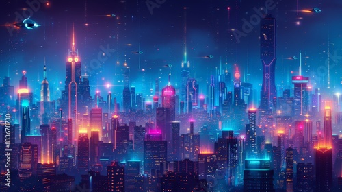 Futuristic Cityscape at Night  Illustrate a high-tech cityscape at night  with glowing skyscrapers and flying vehicles.