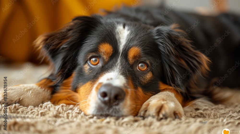 bernese mountain dog peacefully resting on a soft rug indoors, promoting a sense of home comfort for pet lovers