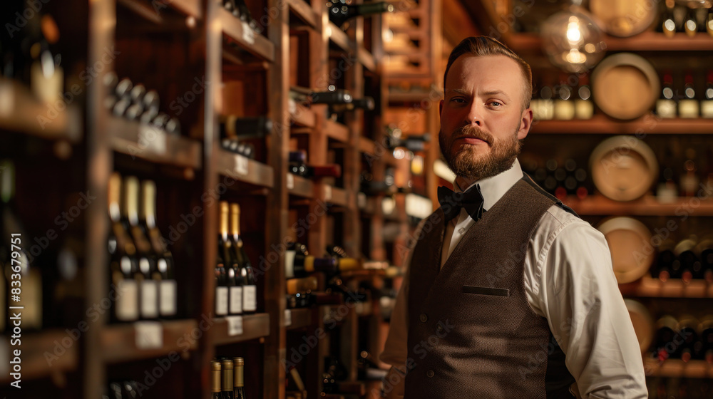 Sommelier in a tailored uniform, with a polished look, standing in front of a stylish wine rack, conveying the ambiance of a high-end wine cellar. Sommelier in a tailored uniform, with a polished look, standing in front of a stylish wine rack, conveying the ambiance of a high-end wine cellar.