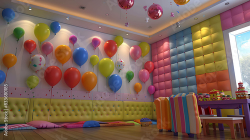 Bright and colorful children's playroom with lots of balloons, a ball pit, and a slide.
