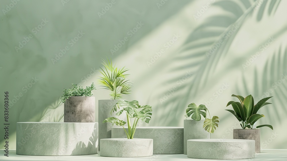 imagine a frontal view of some concrete podium stages covered with gardening products, on a light green backdrop, Studio photography, soft shadows generative ai imagine a frontal view of some concrete podium stages covered with gardening products, on a light green backdrop, Studio photography, soft shadows generative ai