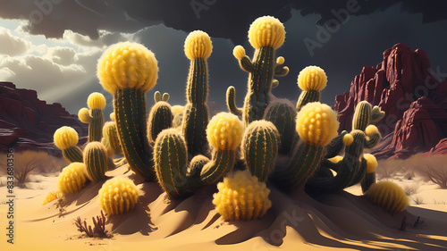 create a surreal desert with cacti, the plants are shaped like canary_yellow_perlwhite,are partially transparent with tentacles and spines, in the sand laying pearls,  backdrop is the storm of cosmic  photo