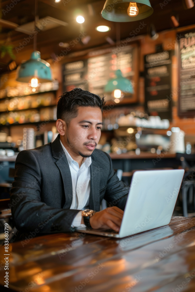 a young Hispanic businessman working on his laptop in a trendy coffee shop