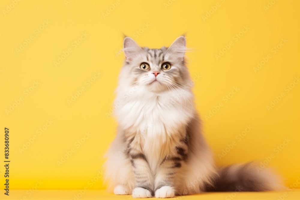 Portrait of a funny siberian cat isolated on pastel yellow background