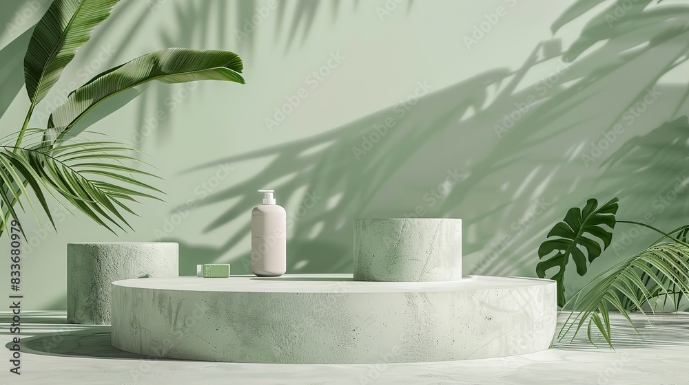 imagine a frontal view of some concrete podium stages covered with gardening products, on a light green backdrop, Studio photography, soft shadows generative ai