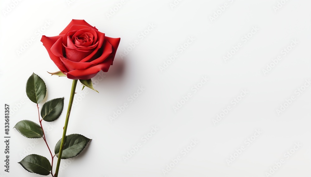 A single red rose on a white background, representing love, elegance, and simplicity.