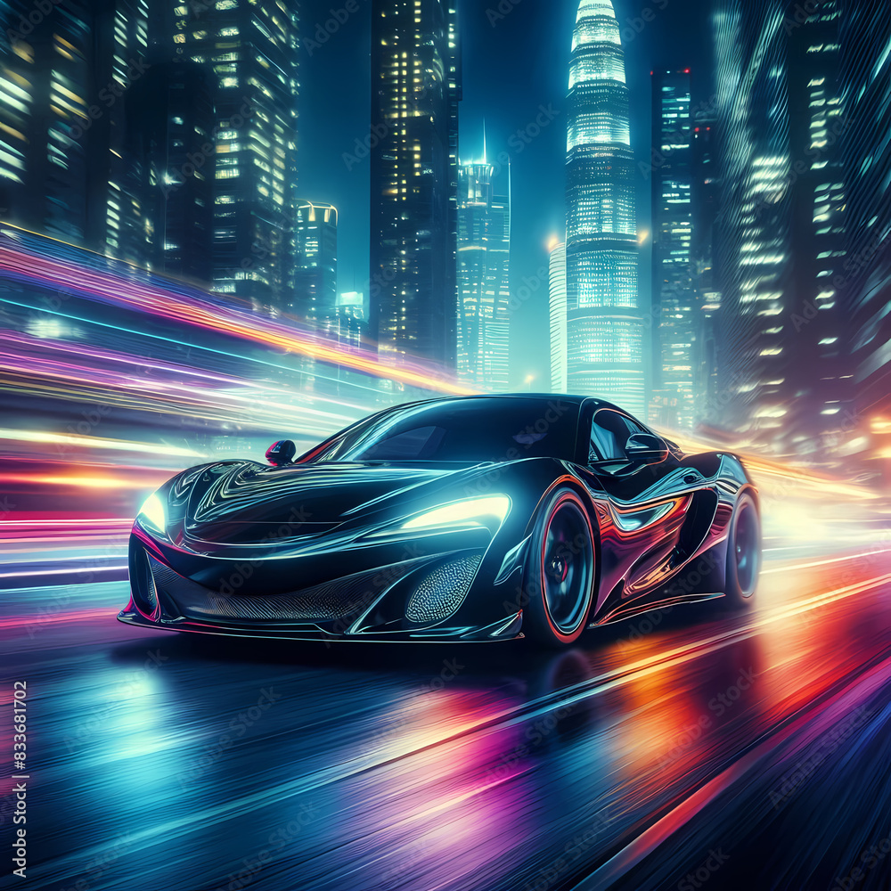 Fototapeta premium Futuristic Fast Nights: Black Sports Car Blazing Through Urban City Lights