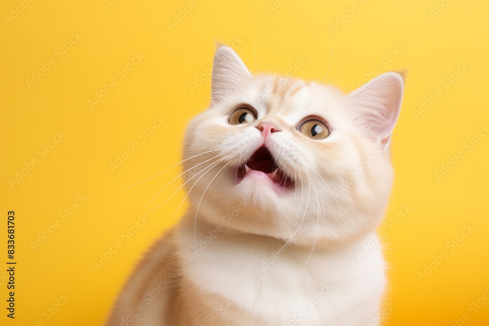 Fototapeta premium Portrait of a smiling munchkin cat while standing against pastel yellow background