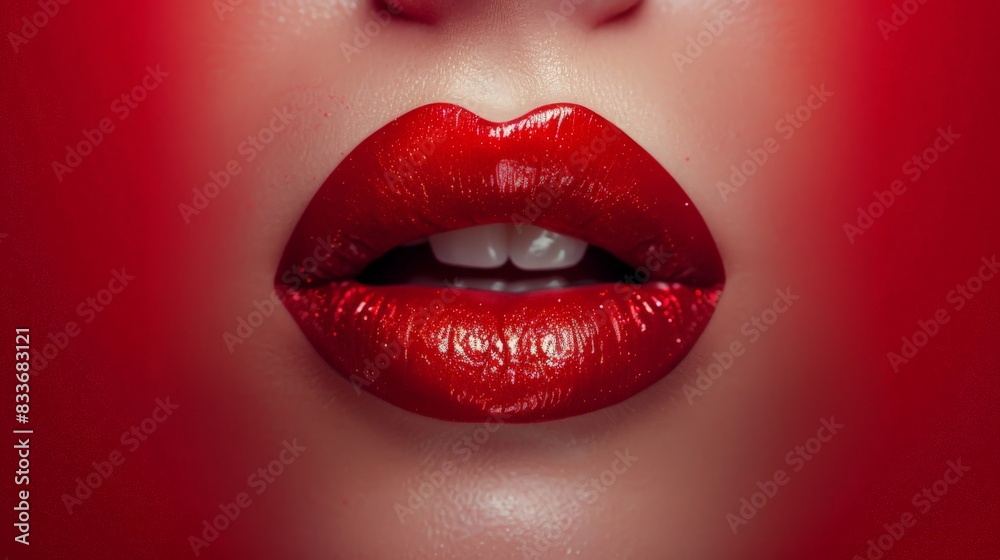 juicy lips with red, bright and shiny lipstick on a smooth red background. juicy lips with red, bright and shiny lipstick on a smooth red background.