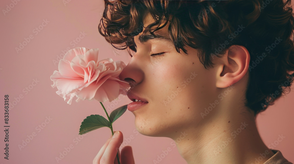 Thoughtful young man holding a pink flower close to his face, inhaling its fragrance, with a simple wall backdrop, highlighting a peaceful and reflective scene.