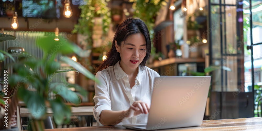 an East Asian businesswoman drafting a proposal on her laptop in a stylish coworking space an East Asian businesswoman drafting a proposal on her laptop in a stylish coworking space