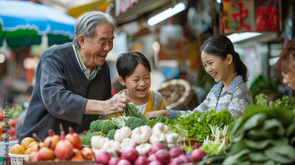 an East Asian family running a successful local market stall, engaging with customers an East Asian family running a successful local market stall, engaging with customers