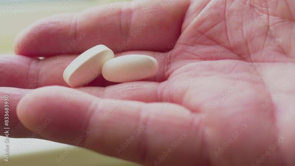 Health and medicine. Hand holds a large white capsule. Close-up. Health and medicine. Hand holds a large white capsule. Close-up.