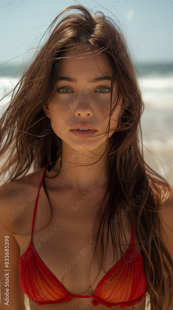close up of brunette model standing next to ocean, posing in red bikini portrait of 20s woman on the beach girl looking directly into camera long dark hairs blowed by the wind make up no make up look close up of brunette model standing next to ocean, posing in red bikini portrait of 20s woman on the beach girl looking directly into camera long dark hairs blowed by the wind make up no make up look
