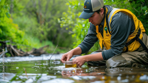 With precision, a biologist assesses river water quality, showcasing scientific rigor in safeguarding aquatic habitats and ensuring the health of freshwater ecosystems.