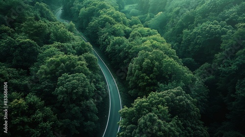 A winding road between the trees of a dense beautiful forest, a view from a drone. © nikola-master