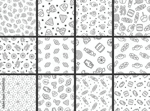 Sugar Halloween sweet candies. Seamless pattern. Coloring Page. Funny food. Cartoon caramel suckers. Hand drawn style. Vector drawing. Collection of design ornaments.