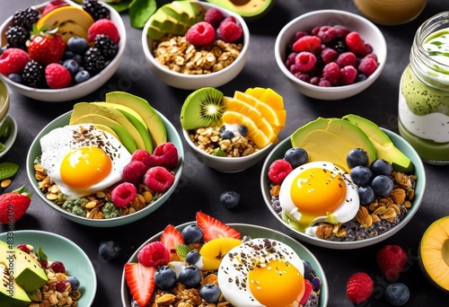 fresh nutritious breakfast options healthy start your day, meal, fruits, vegetables, eggs, oats, smoothie, yogurt, granola, avocado, banana, berries, nuts
