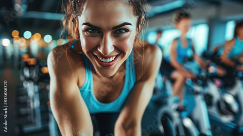 Woman in athletic gear, smiling and pedaling vigorously in a spinning class, capturing the energy and camaraderie of group fitness.