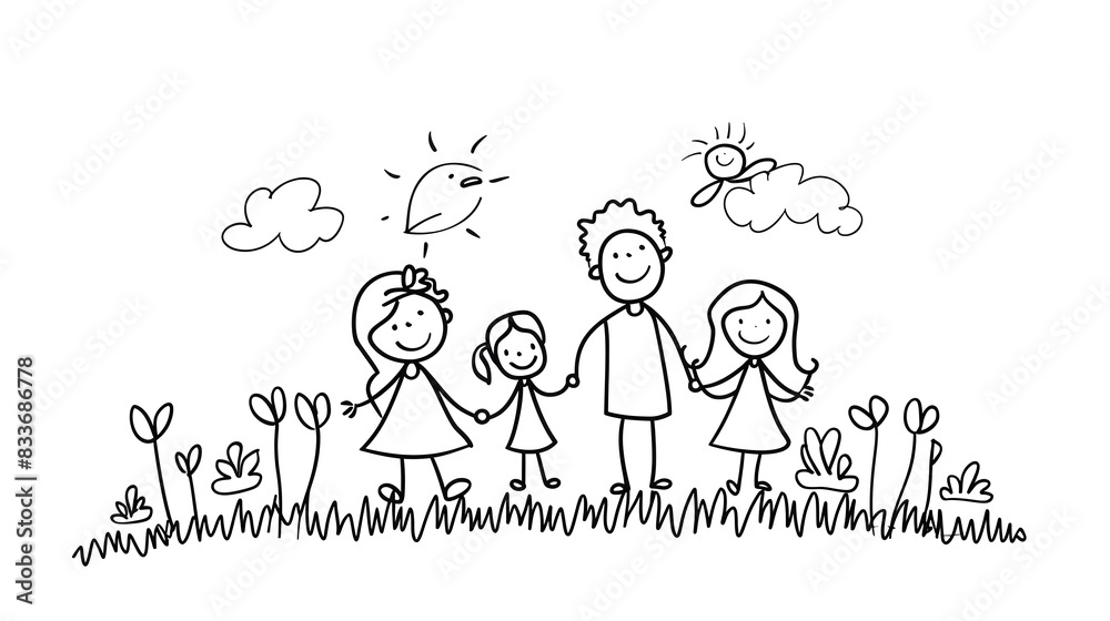 Joyful Family Unity: A Minimalist Outline Drawing of Parents and Children Holding Hands on a White Joyful Family Unity: A Minimalist Outline Drawing of Parents and Children Holding Hands on a White