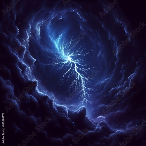 A swirling blue nebula with a lightning-like structure at its center, resembling a cosmic storm or portal 