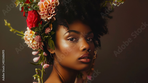 Young black female with a short Afro and a bouquet of flowers in her hair, exhibiting flawless makeup and moist lips, posing confidently in a dimly lit studio.