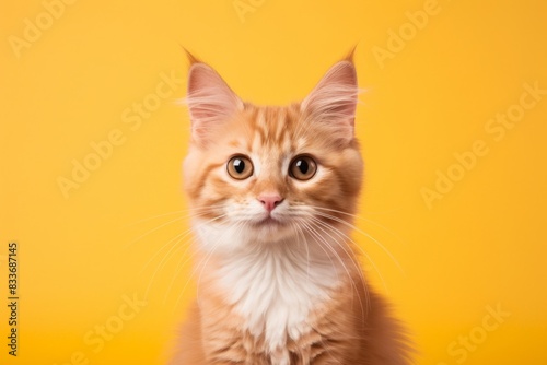 Portrait of a cute manx cat in pastel orange background