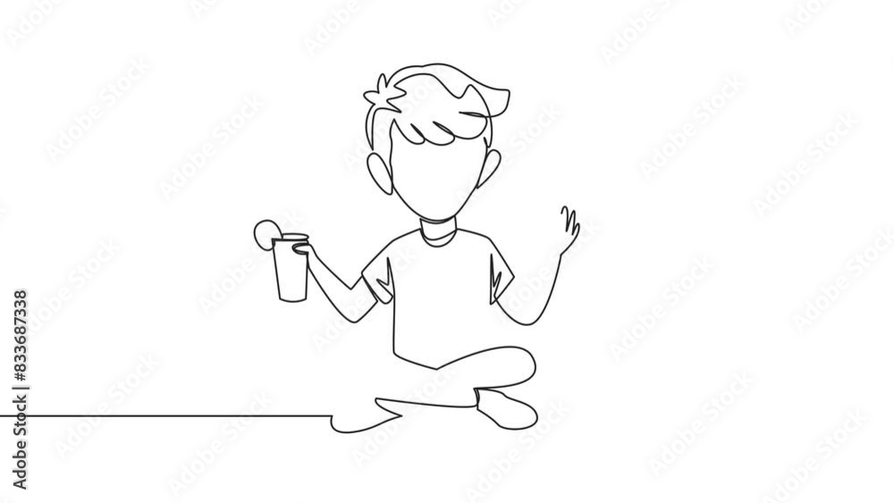Self drawing animation of continuous line drawing boy sitting cross-legged reading book. Accompanied by glass of orange juice to make reading more interesting. Freshness. Full length animated Self drawing animation of continuous line drawing boy sitting cross-legged reading book. Accompanied by glass of orange juice to make reading more interesting. Freshness. Full length animated