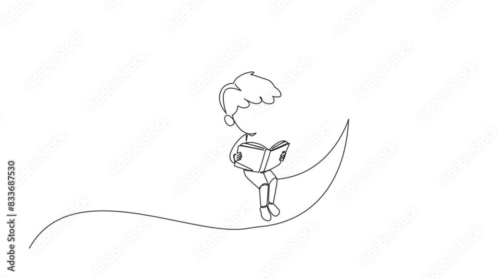 Animation of continuous line drawing boy sitting on crescent moon ...