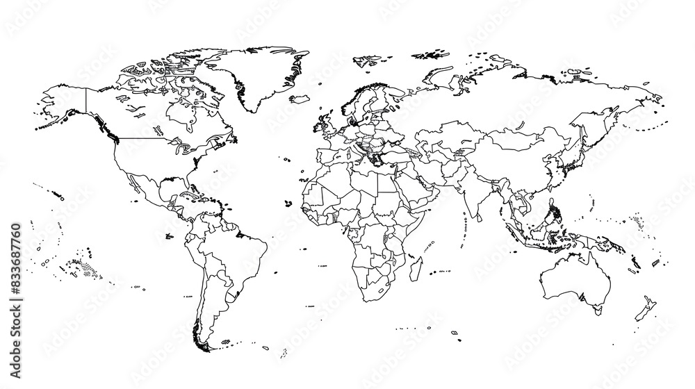 Minimalist Outline Drawing of a World Map: Detailed Educational Tool for Geography and Design