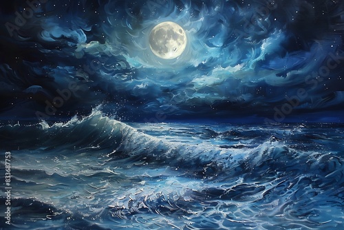 The dance of ocean waves under a moonlit sky