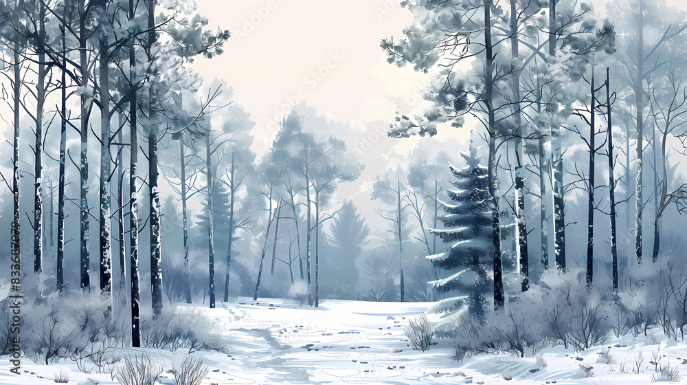 Naklejka premium Winter landscape with white pine trees on snow vector image