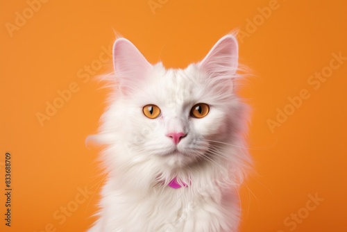 Portrait of a funny turkish angora cat in pastel orange background