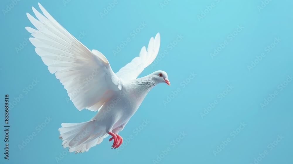 A white pigeon with open wings in flight against a smooth blue background.