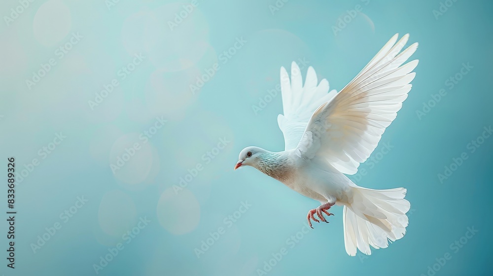 Obraz premium A white pigeon with open wings in flight against a smooth blue background.