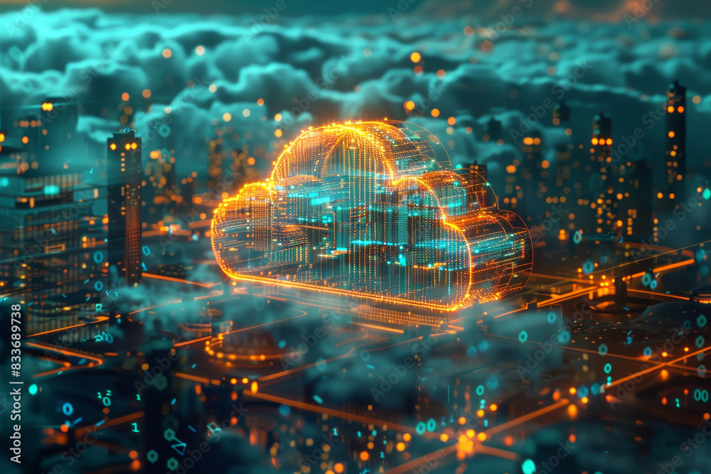 Fototapeta premium A cityscape with a large cloud symbol in the middle by AI generated image