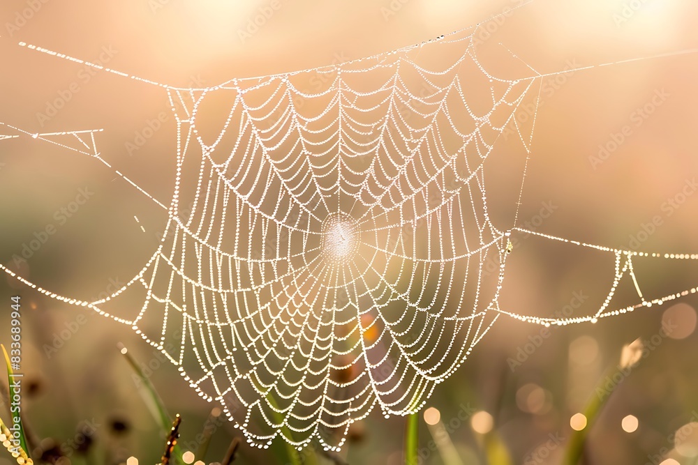 The delicate sway of a spidera??s web with morning dew as the wind blows