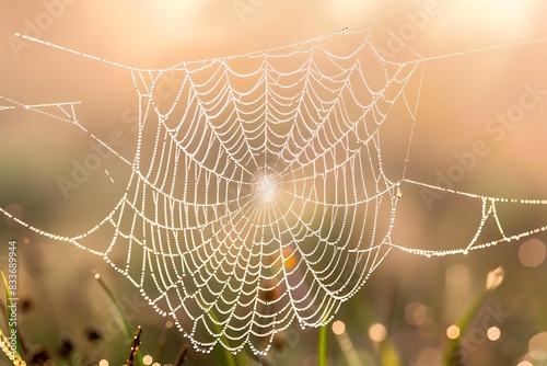 The delicate sway of a spidera??s web with morning dew as the wind blows