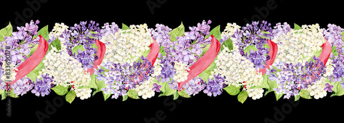 Horizontal seamless border with white and purple lilacs wrapped in pink silk ribbons. Watercolor spring flowers in botanical style. Hand drawn drawing on a black background for printing on fabric. photo