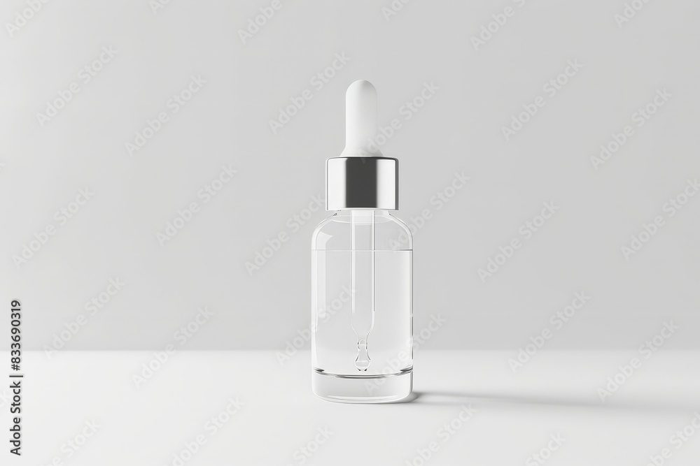 3D render of a glass dropper bottle mockup on a white background, in the style of a beauty product 3D render of a glass dropper bottle mockup on a white background, in the style of a beauty product