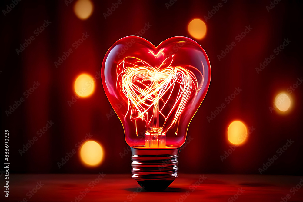 Radiant light bulb with heart-shaped filament on red background. Perfect for Valentine's Day concepts Radiant light bulb with heart-shaped filament on red background. Perfect for Valentine's Day concepts