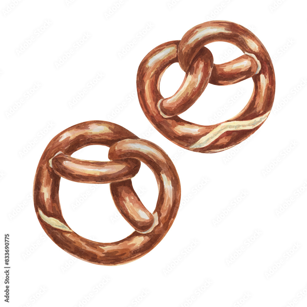 Pretzels watercolor illustration. Brown soft traditional German breakfast snack, Oktoberfest symbol clipart. Typical baked appetizer for menu, flyers, sticker, advertisement, artisan bakery Pretzels watercolor illustration. Brown soft traditional German breakfast snack, Oktoberfest symbol clipart. Typical baked appetizer for menu, flyers, sticker, advertisement, artisan bakery