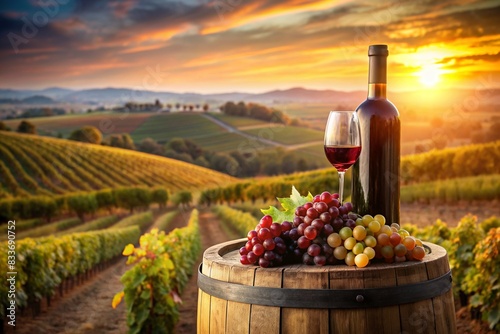 A bottle of red wine and a bunch of ripe grapes on a wooden oak barrel against the background of a vineyard.