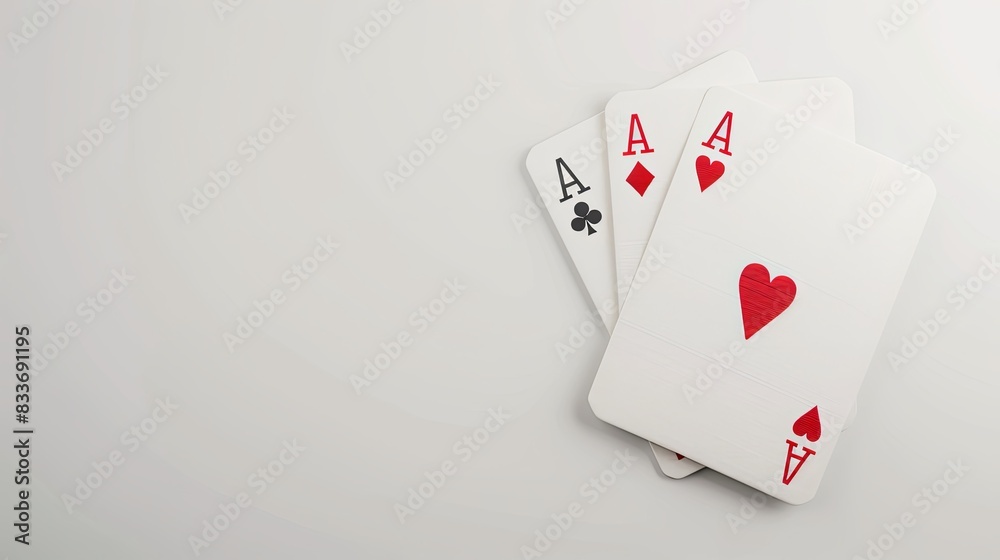 Flying playing card for poker and gambling, three aces isolated on white, clipping path Flying playing card for poker and gambling, three aces isolated on white, clipping path