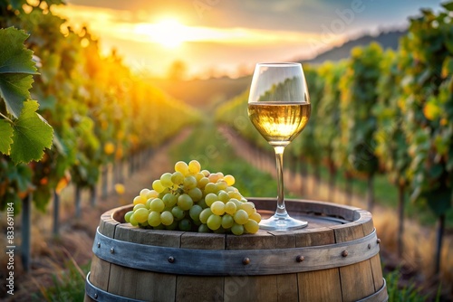 A glass of white wine and a bunch of ripe grapes on a wooden oak barrel against the background of a vineyard. photo