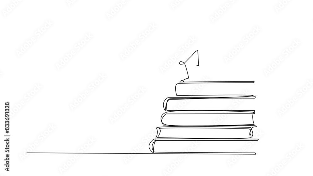 Animated self drawing of single line drawing robot help partner climb pile of books. Concept of helping each other to success together. Knowledge source book. Full length single line animation