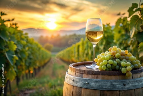 A glass of white wine and a bunch of ripe grapes on a wooden oak barrel against the background of a vineyard. photo