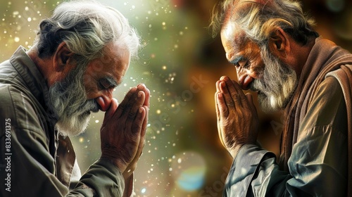 elderly man with gray hair and beard on the left side in prayer, his hands clasped together; and on the right, a profile view of a young, handsome man praying photo