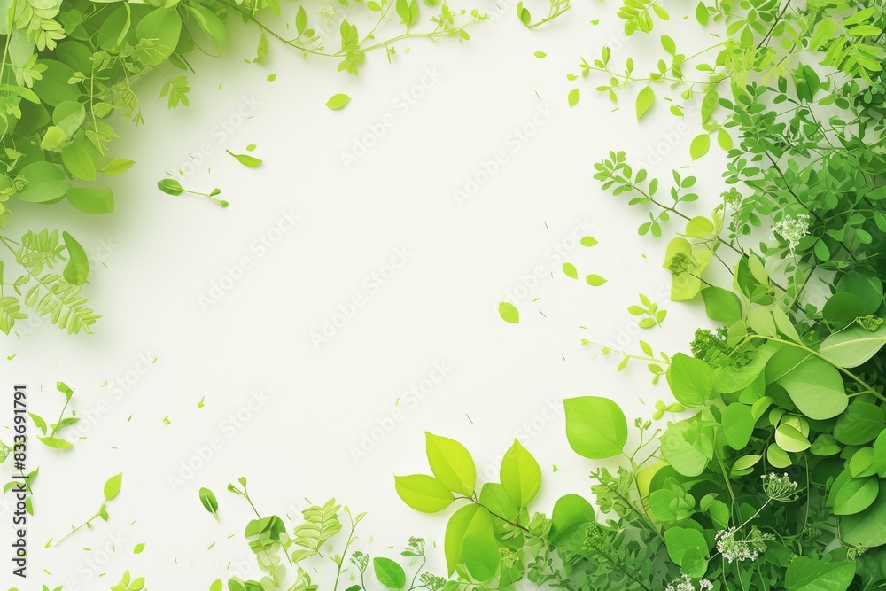 Green leaf frame suitable for environmental campaigns, naturethemed designs, wellness products, organic food packaging, and ecofriendly websites.